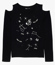 tee-shirt fille a epaules denudees motifs galactiques noir tee-shirts8022801_1