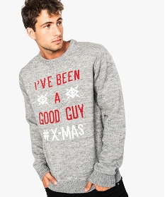GEMO Pull en maille pour homme avec motif de Noël Gris