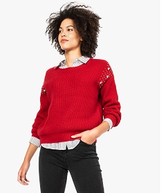 GEMO Pull a grosse maille avec perles brodées sur les épaules pour femme rouge standard