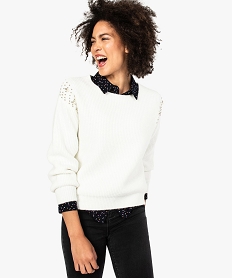 GEMO Pull a grosse maille avec perles brodées sur les épaules pour femme blanc chine