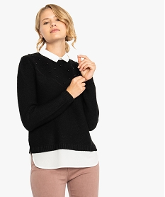 GEMO Pull-chemise femme avec perles ton sur ton sur la poitrine noir standard