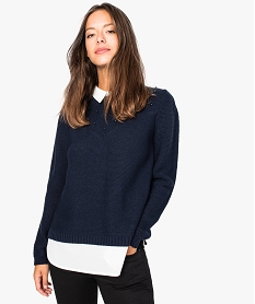 GEMO Pull-chemise femme avec perles ton sur ton sur la poitrine bleu standard