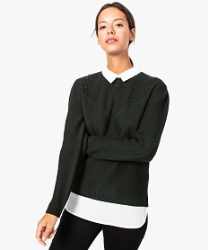 GEMO Pull-chemise femme avec perles ton sur ton sur la poitrine vert standard
