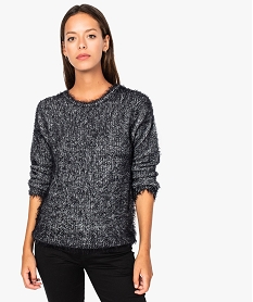 GEMO Pull femme en maille duveteuse bicolore avec ruban velours Noir