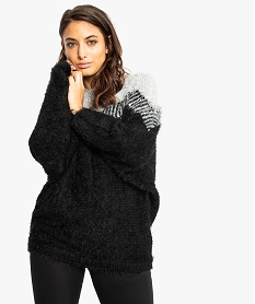 GEMO Pull femme à manches chauve-souris et maille duveteuse Noir