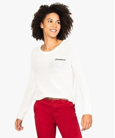 GEMO Pull femme loose avec col dégagé et broderie Beige