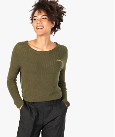 pull femme loose avec col degage et broderie vert8062801_1