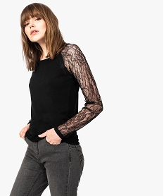 GEMO Pull fin avec manches raglan en dentelle Noir