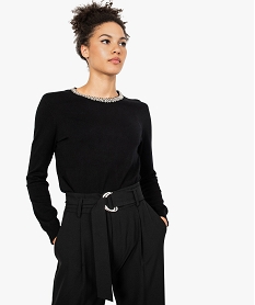 GEMO Pull fin avec col rond brodé de perles et strass pour femme Noir