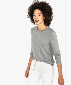 pull fin avec col rond brode de perles et strass pour femme gris pulls8063301_1