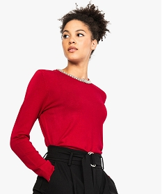 GEMO Pull fin avec col rond brodé de perles et strass pour femme Rouge