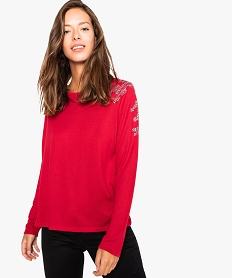 GEMO Pull femme droit en maille fine avec strass sur les épaules Rouge