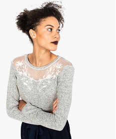 GEMO Pull en maille fine pour femme avec empiècement en tulle brodé sur le buste Gris