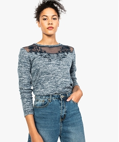 pull en maille fine pour femme avec empiecement en tulle brode sur le buste bleu8066901_1