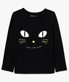 GEMO Tee-shirt à manches longues fille avec motif chat sur lavant Noir