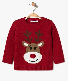 GEMO Pull de Noël pour bébé garçon avec motif renne sur lavant Rouge