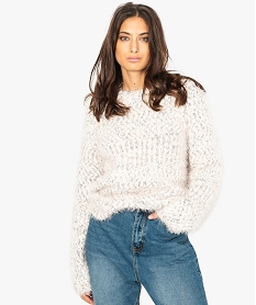 GEMO Pull femme en grosse maille duveteuse au bas arrondi Rose