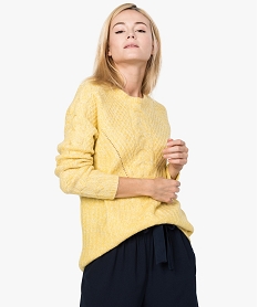 GEMO Pull femme long à torsades fantaisie Jaune