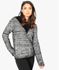 GEMO Pull femme grosse maille duveteuse avec col V fantaisie noir standard