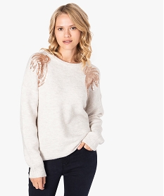 GEMO Pull pour femme avec des empiècements de sequins Beige