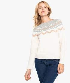 GEMO Pull femme avec motifs pailletés sur le buste blanc chine