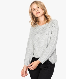 GEMO Pull pour femme avec strass bicolore sur lavant gris standard