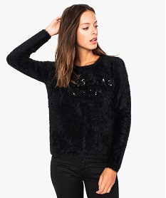 GEMO Pull femme duveteux avec inscription en sequins ton sur ton Noir