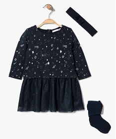 GEMO Ensemble 3 pièces pour bébé fille : robe + collants + bandeau cheveux Bleu