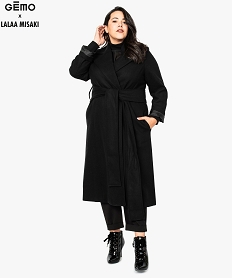 manteau long femme en drap de laine a ceinturer - gemo x lalaa misaki noir8109201_1