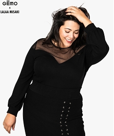 GEMO Pull femme fin avec décolleté en plumetis - Gémo x Lalaa Misaki noir standard
