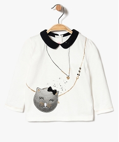 GEMO Tee-shirt bébé fille à col claudine scintillant et motif chat Beige