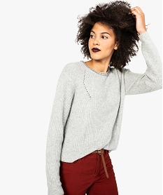 GEMO Pull en maille avec perles et strass brodés sur le col pour femme Gris