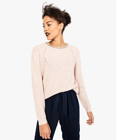 GEMO Pull en maille avec perles et strass brodés sur le col pour femme rose standard