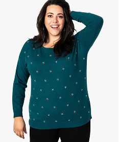 GEMO Pull femme extra-doux avec motif floral en strass vert vif