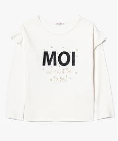 GEMO Tee-shirt fille avec perles paillettes et épaules volantées blanc chine