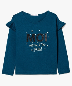 GEMO Tee-shirt fille avec perles paillettes et épaules volantées Vert