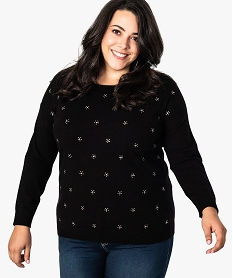 GEMO Pull femme extra-doux avec motif floral en strass noir standard
