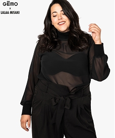 GEMO Blouse femme en voile transparent et bord-côte - Gémo x Lalaa Misaki Noir