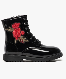 GEMO Bottines vernies à lacets broderie fleurs Noir
