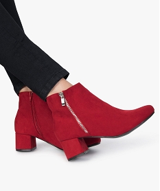 GEMO Boots femme à talon carré en suédine unie et zip décoratif Rouge
