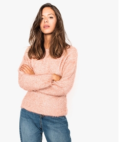 GEMO Pull femme en maille duveteuse bicolore avec ruban velours Rose