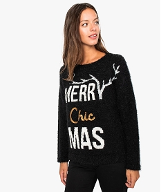 GEMO Pull femme façon angora avec inscription Noël et touches brillantes noir standard