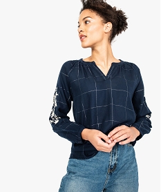 GEMO Blouse à carreaux avec broderies sur les manches pour femme Imprimé