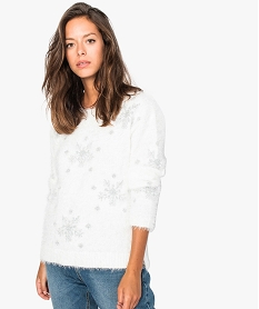 GEMO Pull femme façon angora avec motifs flocons de neige Blanc