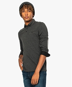 GEMO Polo homme à manches longues en coton avec col jacquard Gris