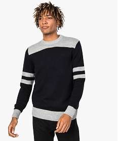 pull bicolore pour homme avec maille fantaisie sur les manches bleu pulls8166001_1