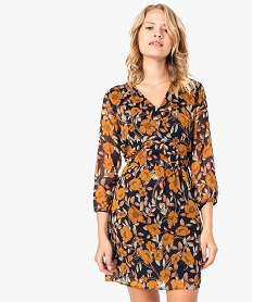 GEMO Robe fleurie à manches longues avec devant croisé orange vif