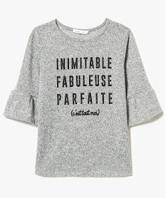 GEMO Pull fille avec inscriptions pailletées et manches à volants Gris