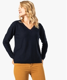 pull paillete pour femme avec col v en dentelle bleu8336201_1