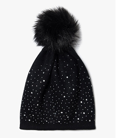 GEMO Bonnet pour femme avec strass et pompon Noir